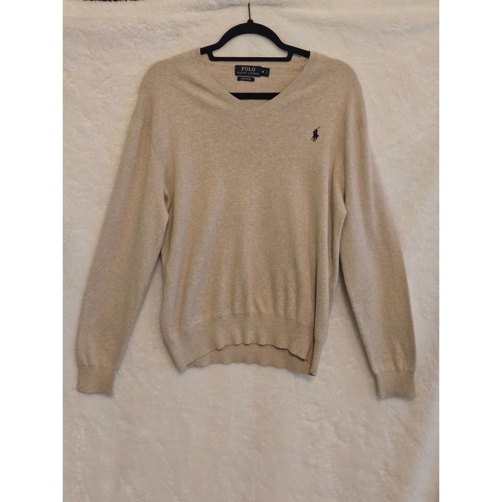 Polo Ralph Lauren Mens Medium Sweater Pima Cotton V-Neck Tan Beige Pony Logo